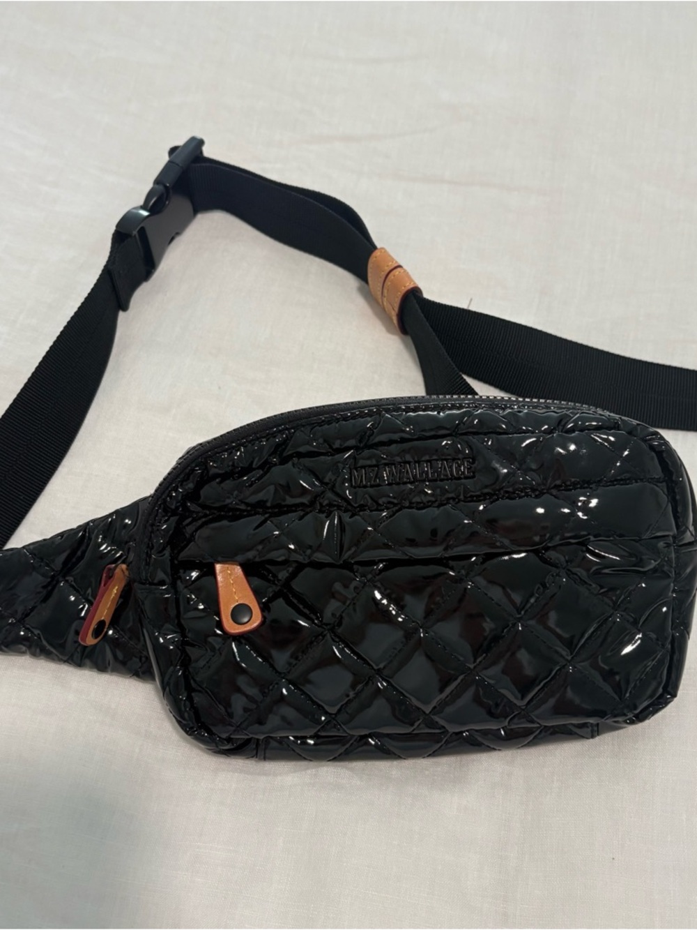 MZ Wallace Black Patent Leather Quilted Crossbody Belt Bag